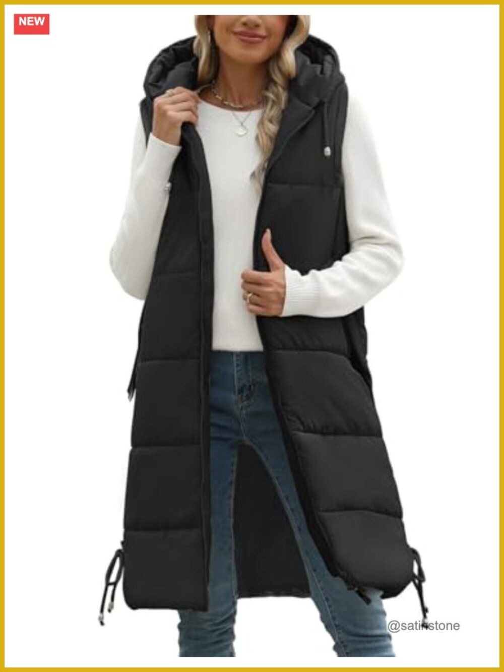 Women's Long Hooded Puffer Vest Sleeveless Quilted Winter Outerwear Zip